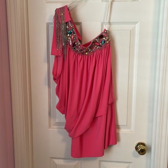 Jovani pink one shoulder dress with heavy beading and chains size 4 - Picture 6 of 9